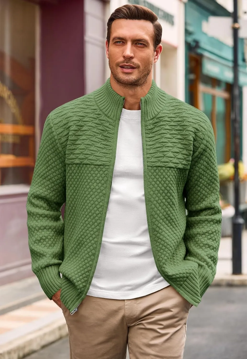 Runcati Mens Zip Up Cardigan Sweater Casual Stand Collar Textured Knit Ribbed Chunky Sweaters