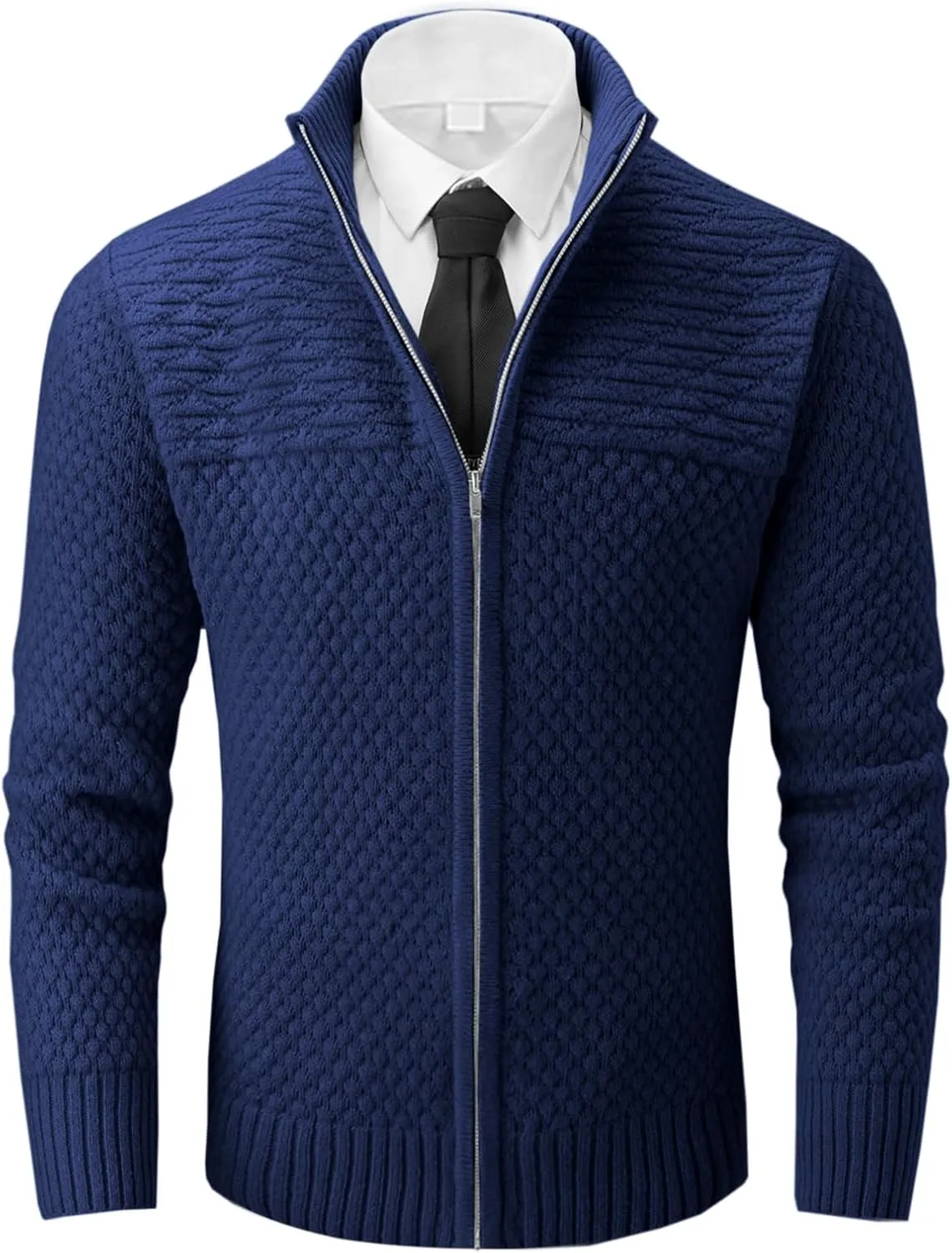 Runcati Mens Zip Up Cardigan Sweater Casual Stand Collar Textured Knit Ribbed Chunky Sweaters