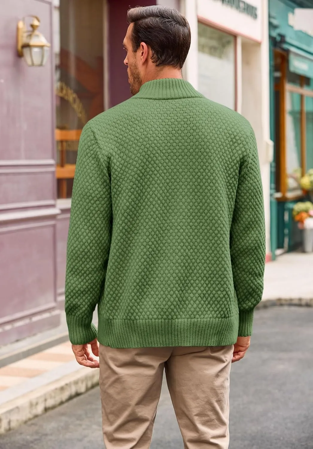 Runcati Mens Zip Up Cardigan Sweater Casual Stand Collar Textured Knit Ribbed Chunky Sweaters