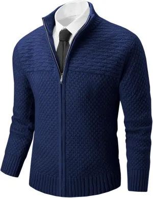 Runcati Mens Zip Up Cardigan Sweater Casual Stand Collar Textured Knit Ribbed Chunky Sweaters