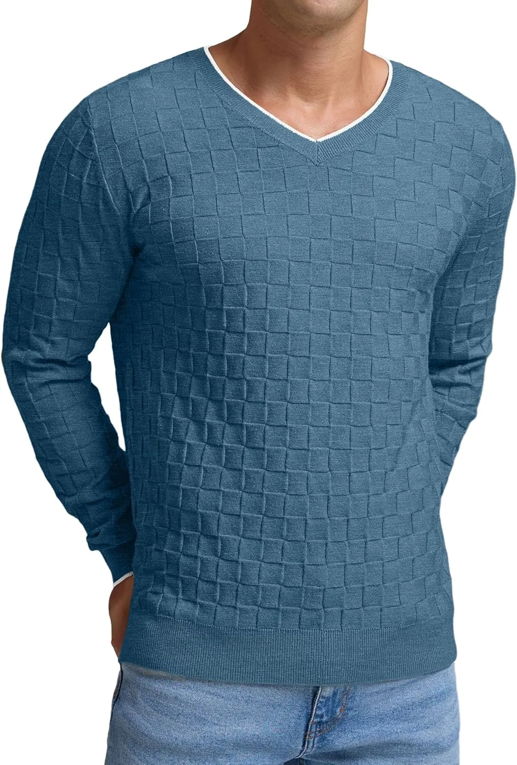 Sailwind Mens V-Neck Sweater Cable Knit Long Sleeve Casual Basketweave Stitch Pullover Sweater