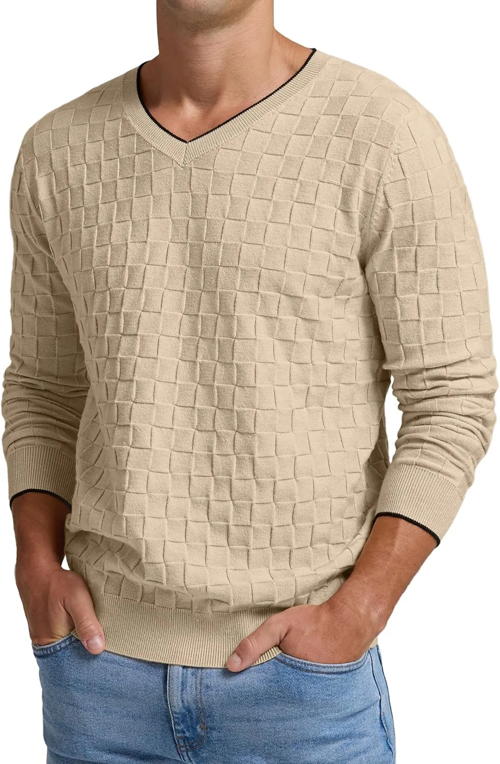 Sailwind Mens V-Neck Sweater Cable Knit Long Sleeve Casual Basketweave Stitch Pullover Sweater