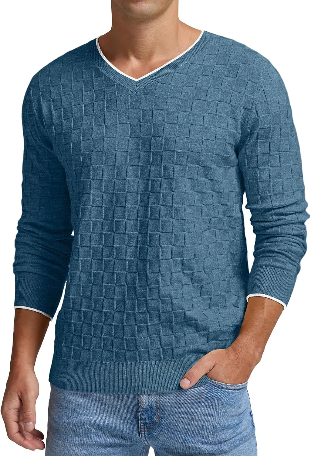 Sailwind Mens V-Neck Sweater Cable Knit Long Sleeve Casual Basketweave Stitch Pullover Sweater