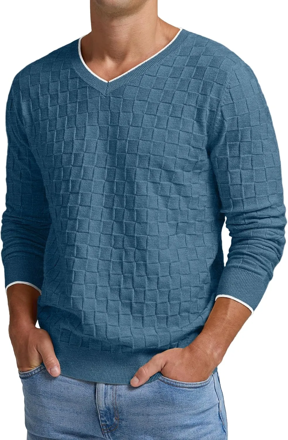 Sailwind Mens V-Neck Sweater Cable Knit Long Sleeve Casual Basketweave Stitch Pullover Sweater