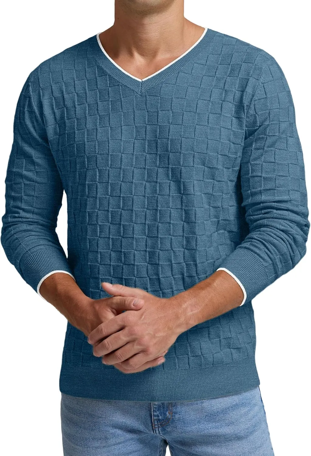 Sailwind Mens V-Neck Sweater Cable Knit Long Sleeve Casual Basketweave Stitch Pullover Sweater