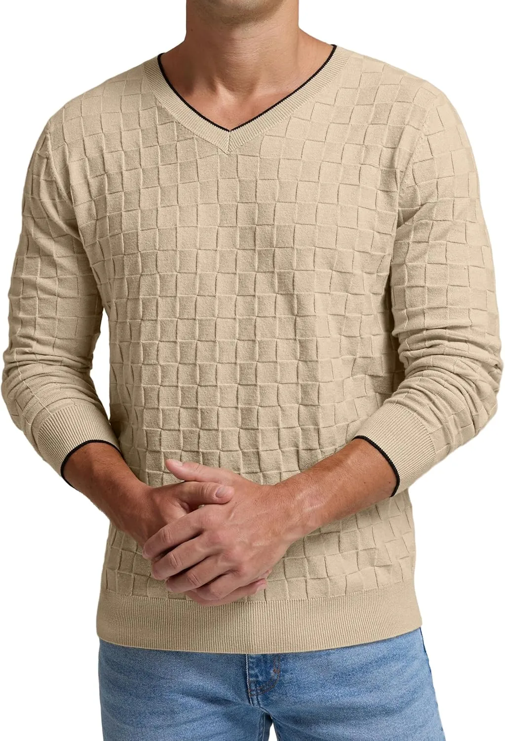 Sailwind Mens V-Neck Sweater Cable Knit Long Sleeve Casual Basketweave Stitch Pullover Sweater