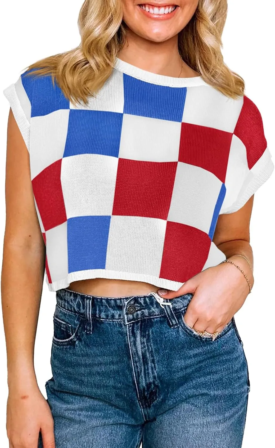 Saodimallsu Womens Cap Sleeve Crop Tops Summer Color Block Going Out Crew Neck Knit Trendy Casual Sweater