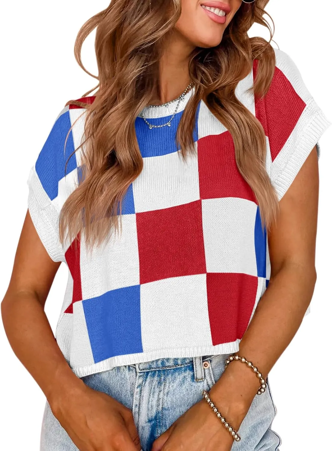 Saodimallsu Womens Cap Sleeve Crop Tops Summer Color Block Going Out Crew Neck Knit Trendy Casual Sweater