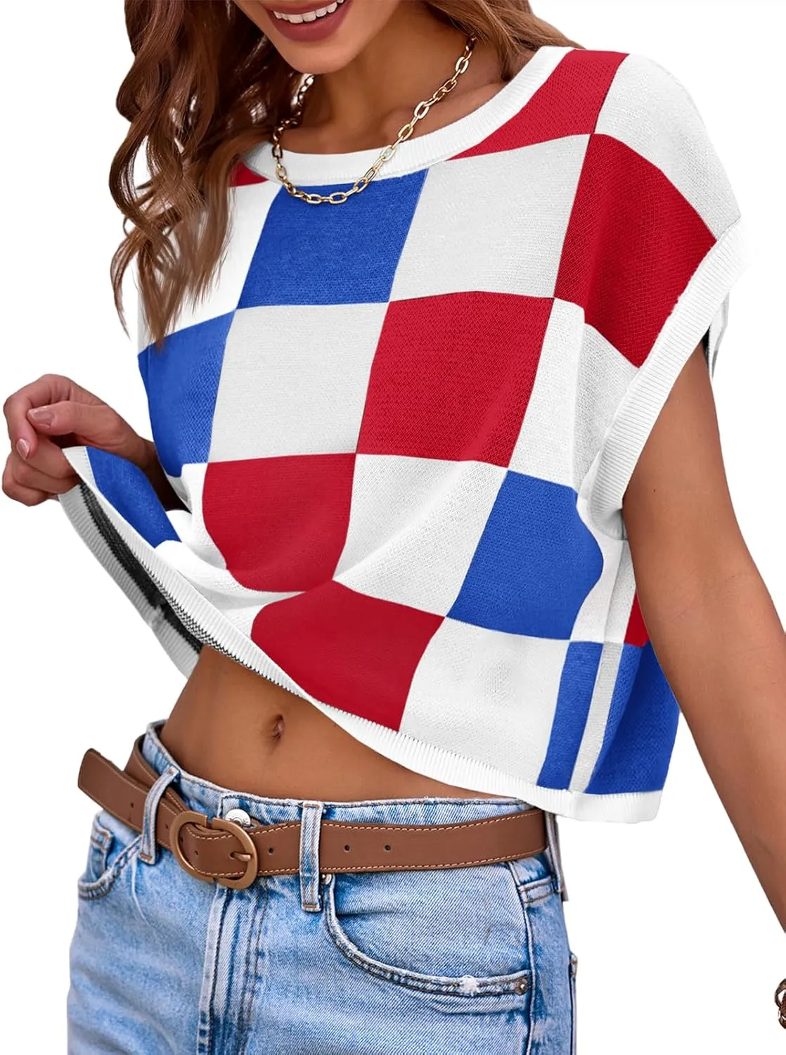 Saodimallsu Womens Cap Sleeve Crop Tops Summer Color Block Going Out Crew Neck Knit Trendy Casual Sweater
