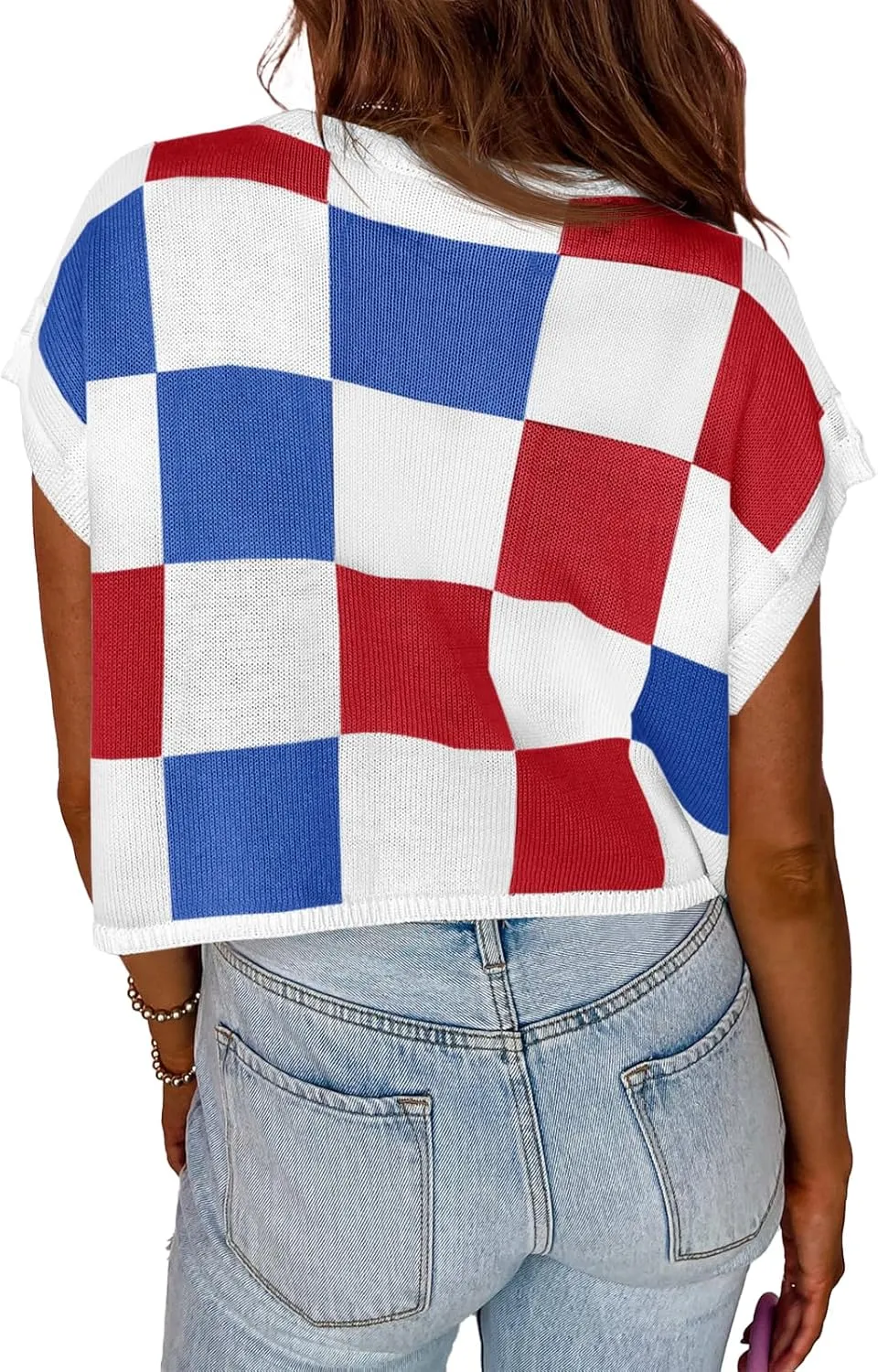 Saodimallsu Womens Cap Sleeve Crop Tops Summer Color Block Going Out Crew Neck Knit Trendy Casual Sweater