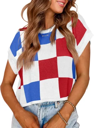 Saodimallsu Womens Cap Sleeve Crop Tops Summer Color Block Going Out Crew Neck Knit Trendy Casual Sweater