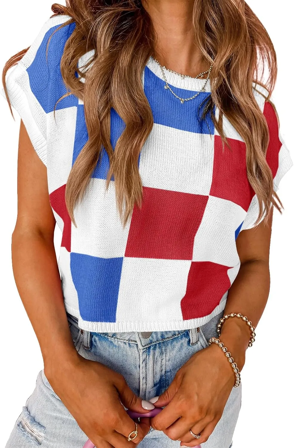 Saodimallsu Womens Cap Sleeve Crop Tops Summer Color Block Going Out Crew Neck Knit Trendy Casual Sweater