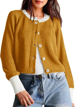 Saodimallsu Womens Cropped Cardigan Sweaters Button Down Open Front Long Sleeve Fall Trendy Color Block Knit Coats