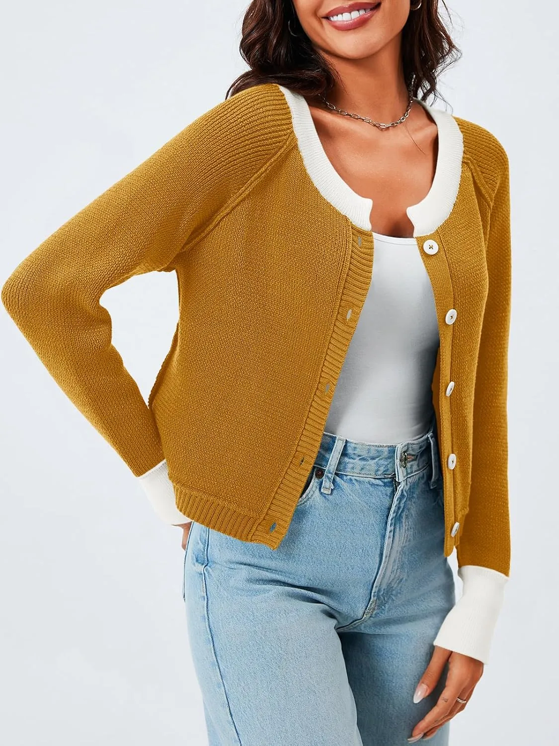 Saodimallsu Womens Cropped Cardigan Sweaters Button Down Open Front Long Sleeve Fall Trendy Color Block Knit Coats