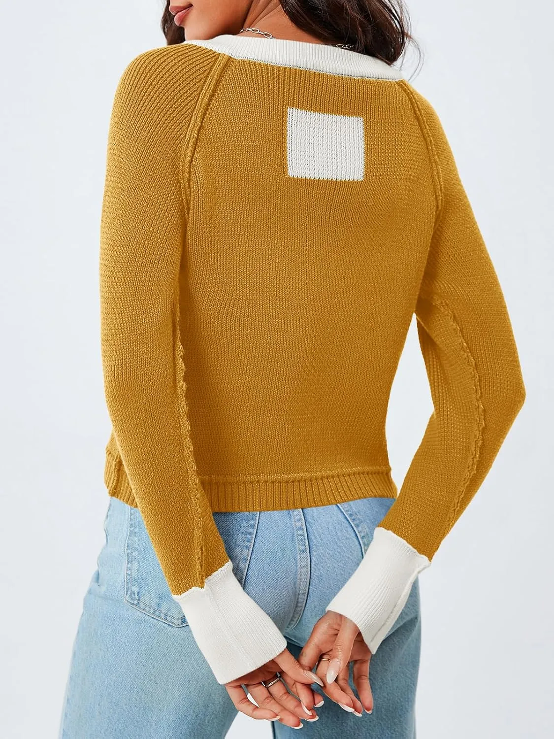 Saodimallsu Womens Cropped Cardigan Sweaters Button Down Open Front Long Sleeve Fall Trendy Color Block Knit Coats