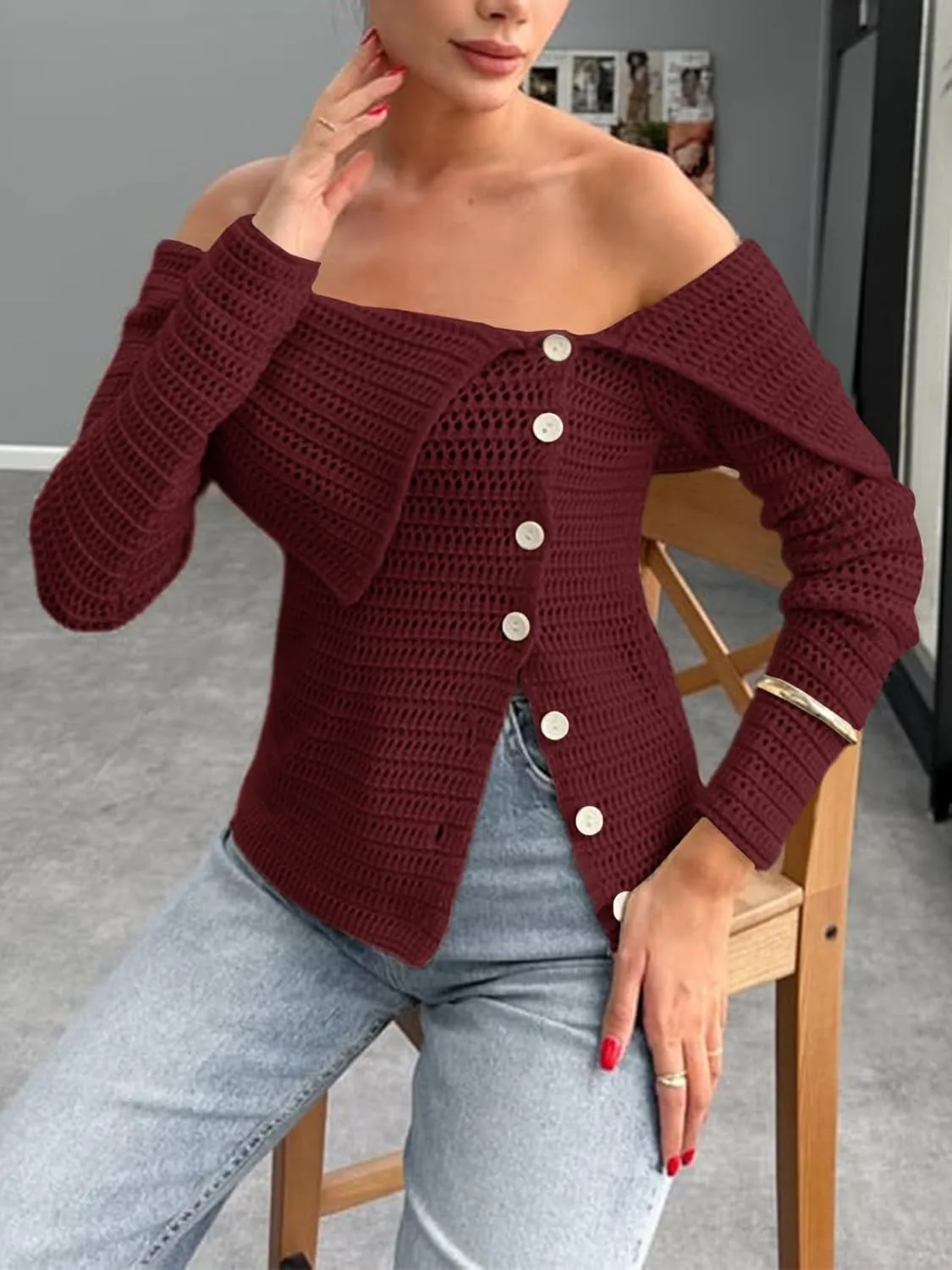 Saodimallsu Womens Off The Shoulder Sweater Long Sleeve Y2k Button Trendy Knitted Asymmetric Crop Tops