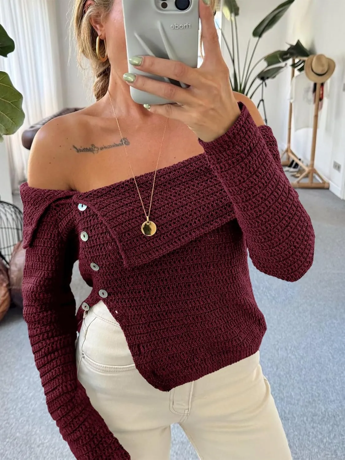 Saodimallsu Womens Off The Shoulder Sweater Long Sleeve Y2k Button Trendy Knitted Asymmetric Crop Tops