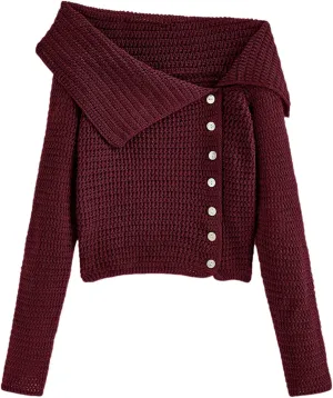 Saodimallsu Womens Off The Shoulder Sweater Long Sleeve Y2k Button Trendy Knitted Asymmetric Crop Tops