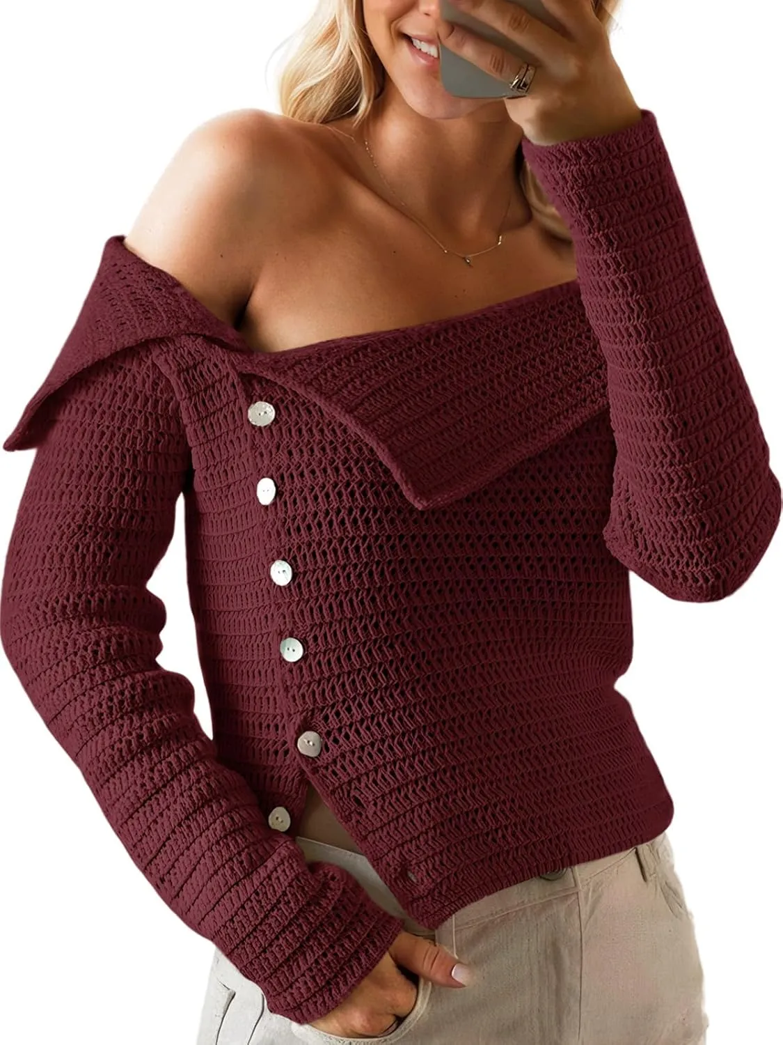 Saodimallsu Womens Off The Shoulder Sweater Long Sleeve Y2k Button Trendy Knitted Asymmetric Crop Tops