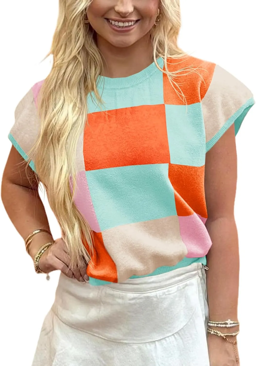 Saodimallsu Womens Short Sleeve Sweater Top Summer Color Block Lightweight Knit Crewneck Going Out Pullover Tops