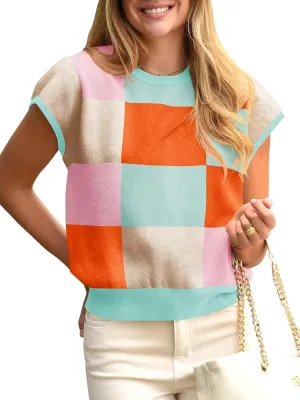 Saodimallsu Womens Short Sleeve Sweater Top Summer Color Block Lightweight Knit Crewneck Going Out Pullover Tops