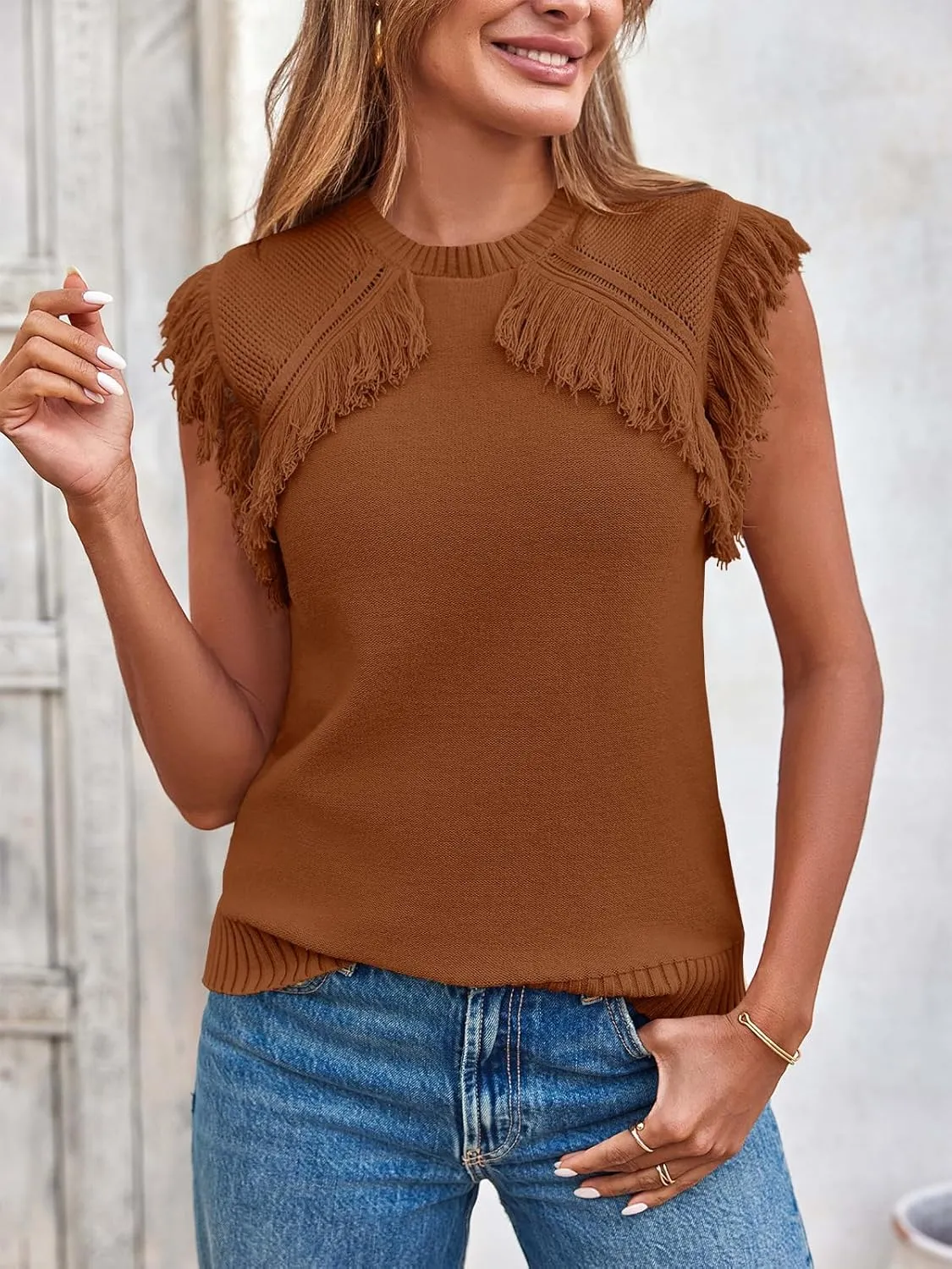 Saodimallsu Womens Sleeveless Sweater Vest Fringe Cap Sleeve Western Boho Trendy Crew Neck Pullover Knit Tops