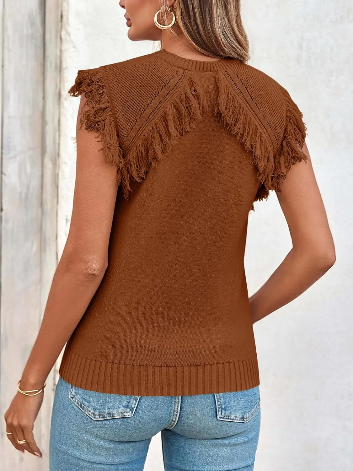 Saodimallsu Womens Sleeveless Sweater Vest Fringe Cap Sleeve Western Boho Trendy Crew Neck Pullover Knit Tops