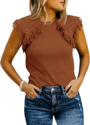Saodimallsu Womens Sleeveless Sweater Vest Fringe Cap Sleeve Western Boho Trendy Crew Neck Pullover Knit Tops