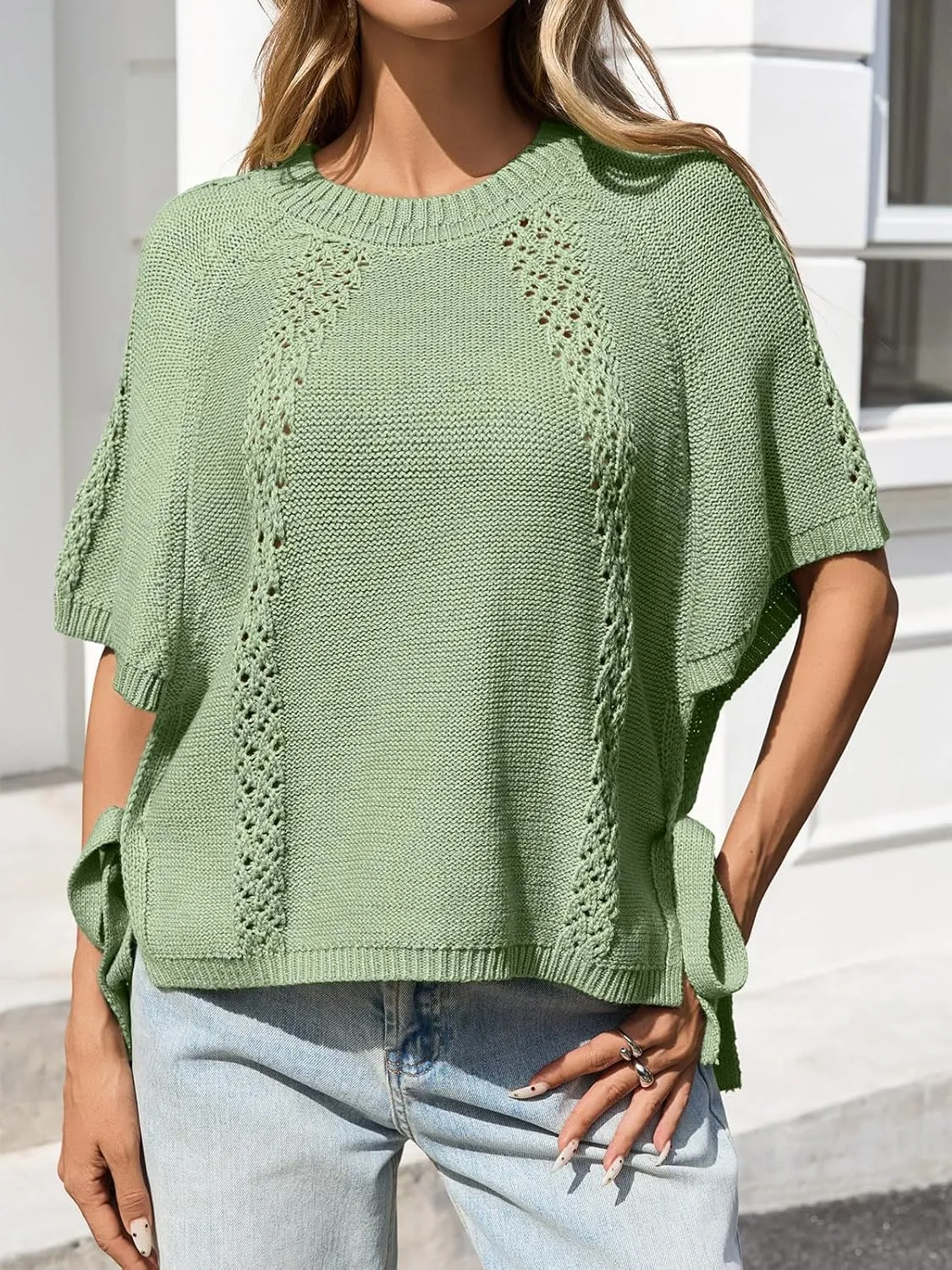 Saodimallsu Womens Summer Short Sleeve Sweater Side Tie Cropped Casual Crewneck Crochet Loose Knit Pullover Tops