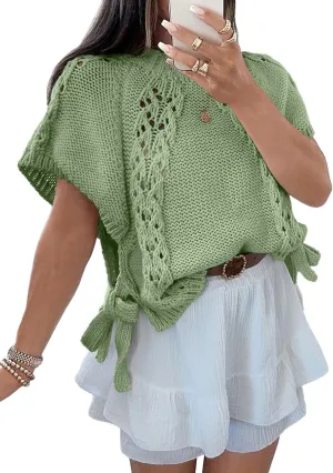Saodimallsu Womens Summer Short Sleeve Sweater Side Tie Cropped Casual Crewneck Crochet Loose Knit Pullover Tops