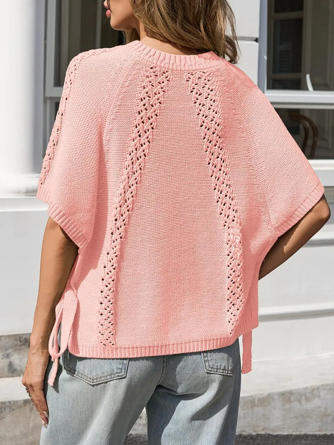Saodimallsu Womens Summer Short Sleeve Sweater Side Tie Cropped Casual Crewneck Crochet Loose Knit Pullover Tops