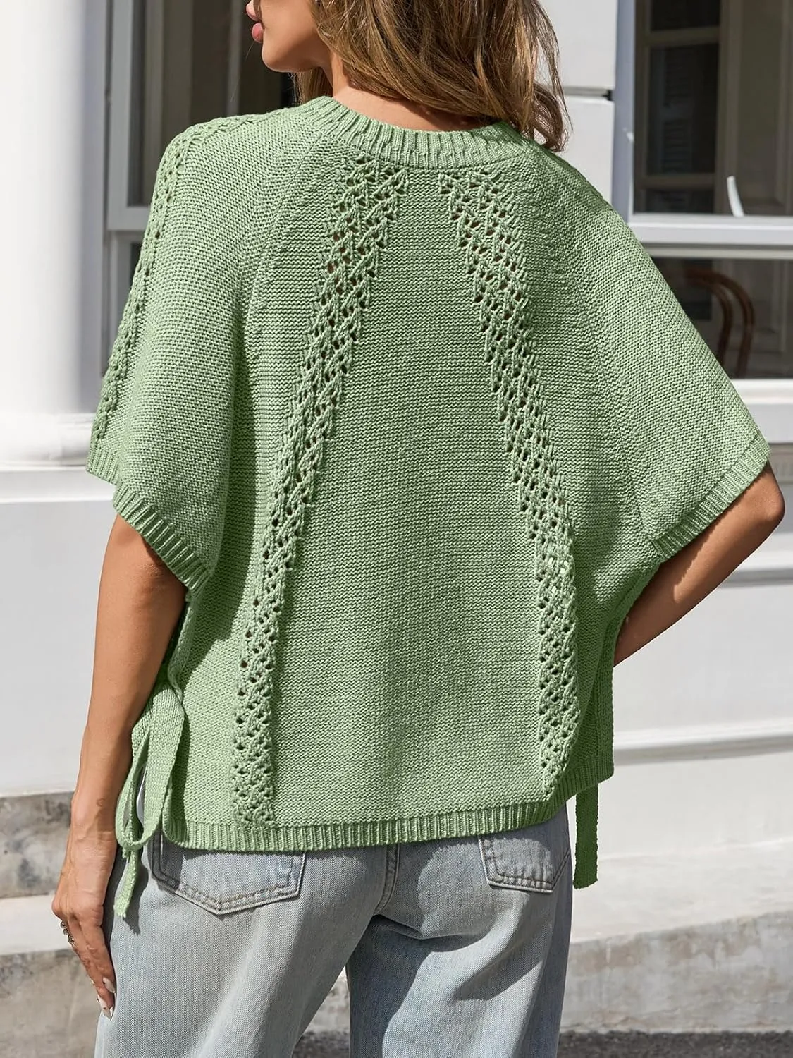 Saodimallsu Womens Summer Short Sleeve Sweater Side Tie Cropped Casual Crewneck Crochet Loose Knit Pullover Tops