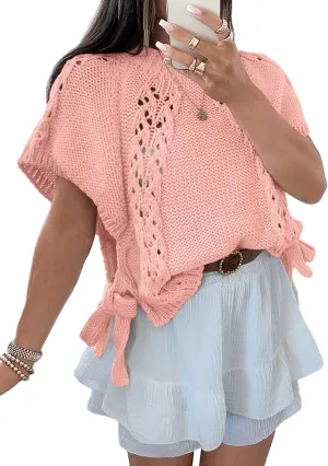 Saodimallsu Womens Summer Short Sleeve Sweater Side Tie Cropped Casual Crewneck Crochet Loose Knit Pullover Tops