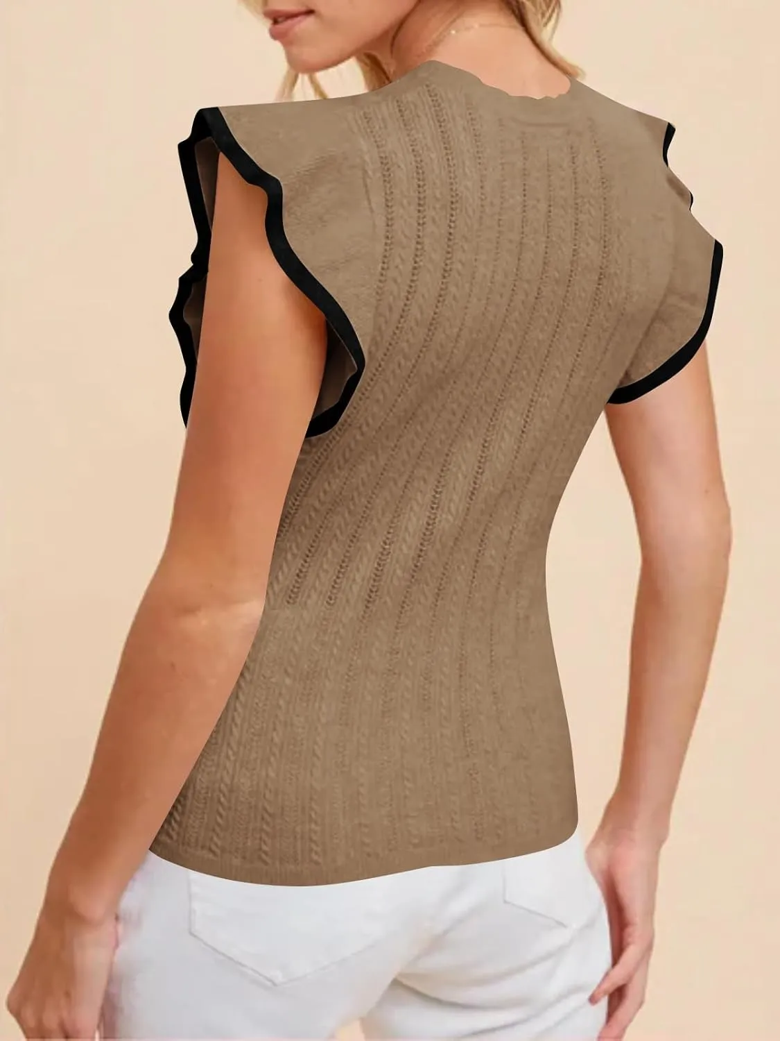 Saodimallsu Womens Summer Sleeveless Sweaters Vest Slimming Crewneck Cable Knit Ruffle Sweater Tank Tops Casual Work Tops