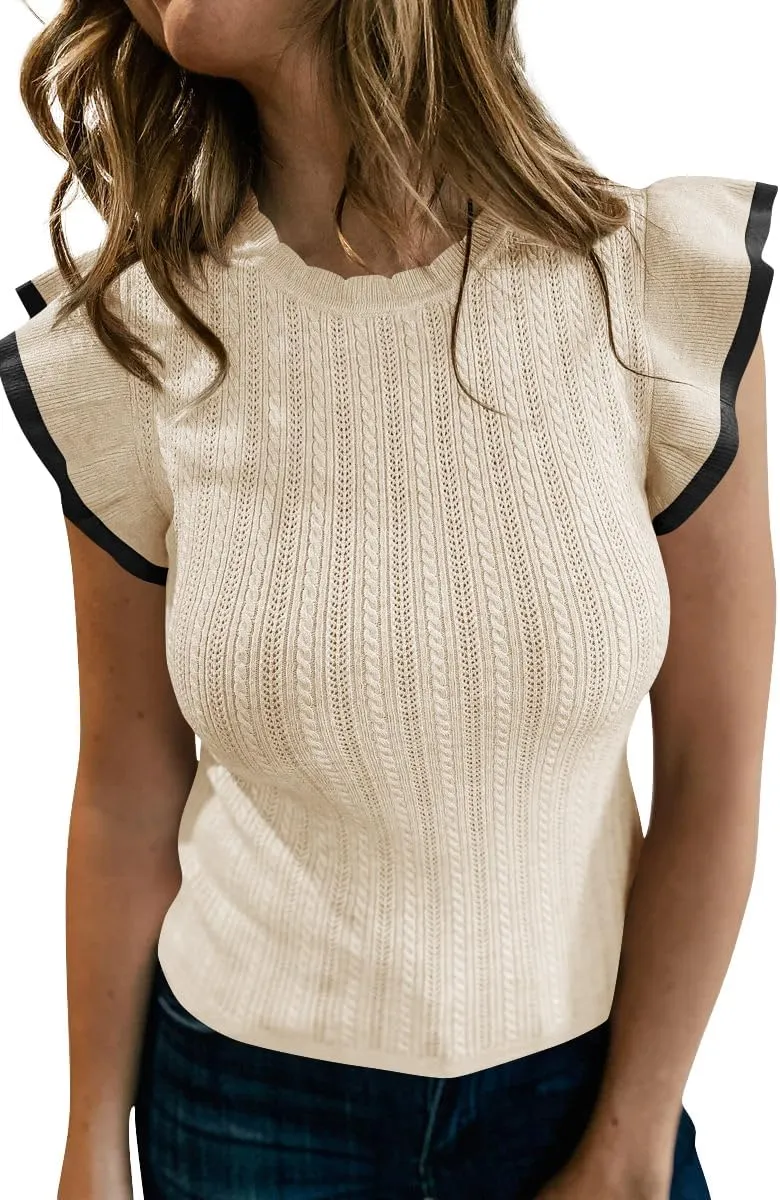Saodimallsu Womens Summer Sleeveless Sweaters Vest Slimming Crewneck Cable Knit Ruffle Sweater Tank Tops Casual Work Tops