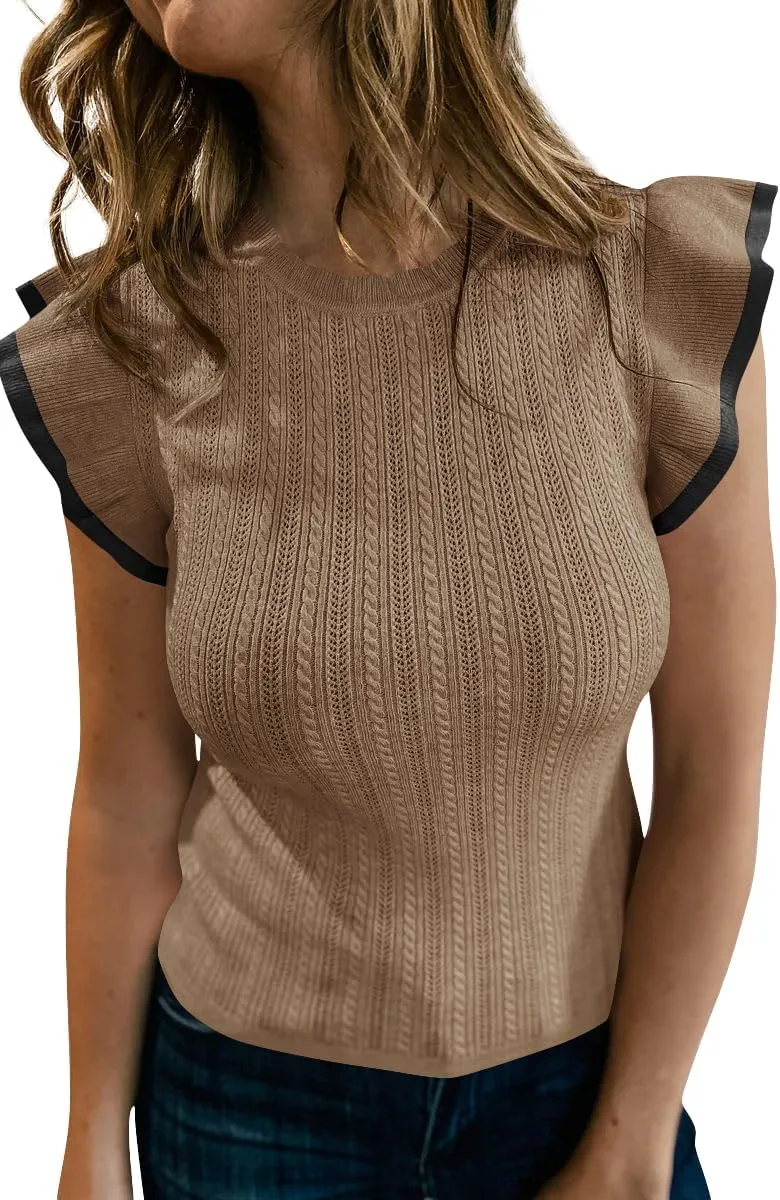 Saodimallsu Womens Summer Sleeveless Sweaters Vest Slimming Crewneck Cable Knit Ruffle Sweater Tank Tops Casual Work Tops