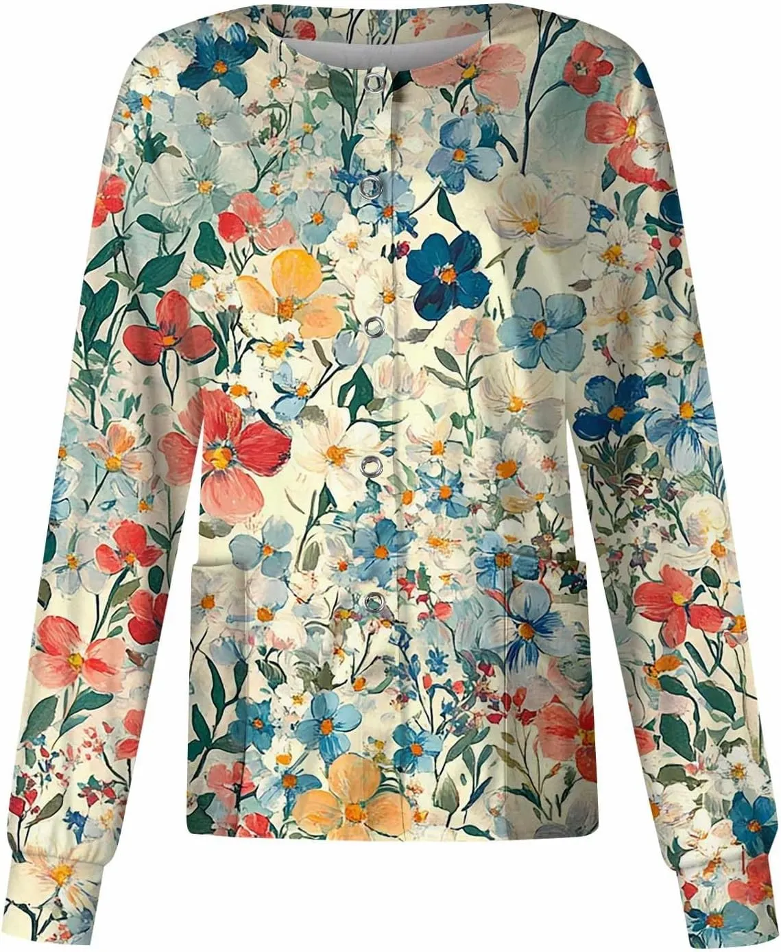 Scrub Jacket for Women Stretchy Patterned Long Sleeve Scrubs Uniforms Button Down Nursing Shirt with Pockets 5xl