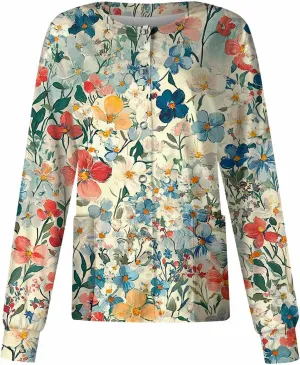 Scrub Jacket for Women Stretchy Patterned Long Sleeve Scrubs Uniforms Button Down Nursing Shirt with Pockets 5xl