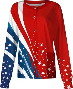 Scrub Jackets for Women Stretchy Patterned Long Sleeve Scrubs Uniforms Button Down Nursing Shirt with Pockets