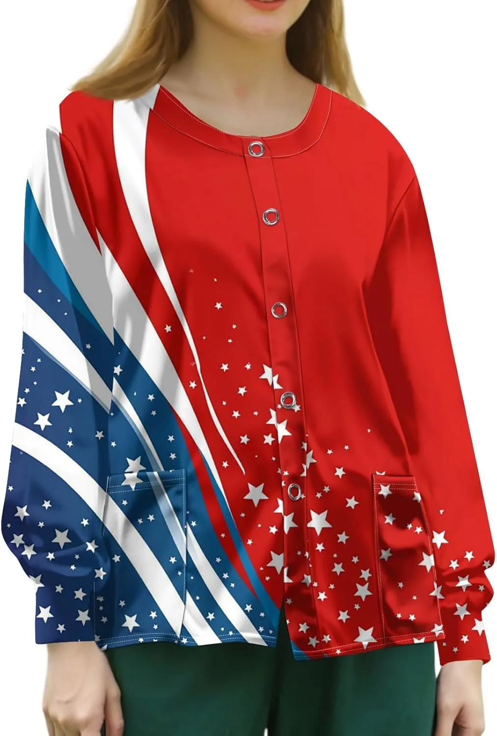 Scrub Jackets for Women Stretchy Patterned Long Sleeve Scrubs Uniforms Button Down Nursing Shirt with Pockets