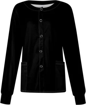 Scrub Jackets for Women Stretchy Patterned Long Sleeve Scrubs Uniforms Button Down Nursing Shirt with Pockets