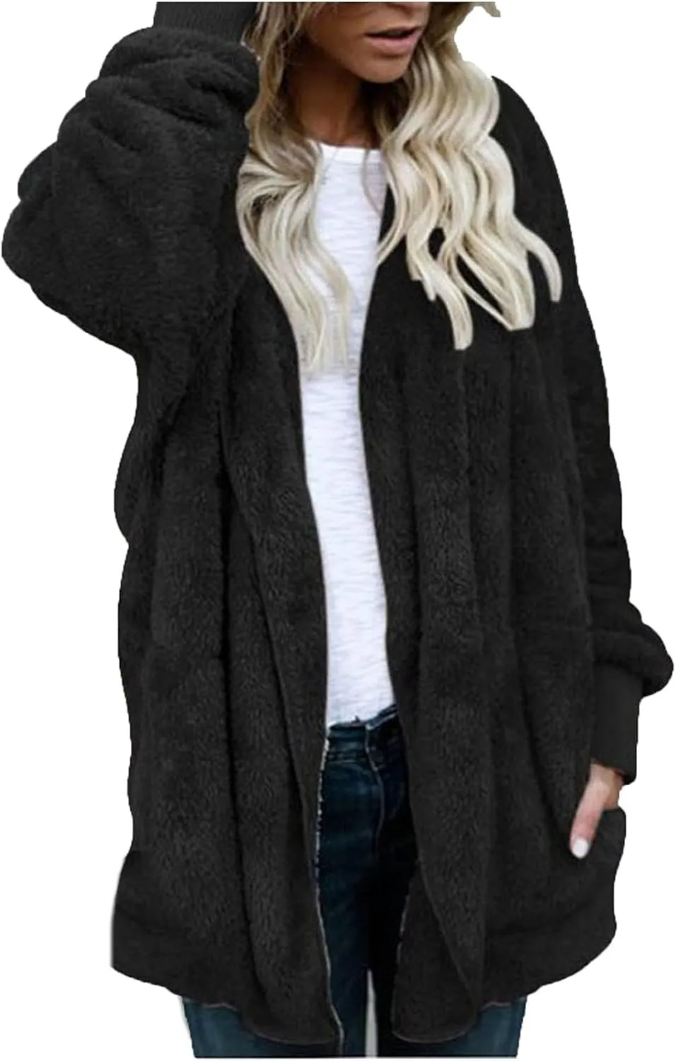 Sherpa Jacket Women Baggy Fuzzy Fleece Open Front Hooded Cardigans Jacket Fluffy Winter Coats Outerwear with Pockets