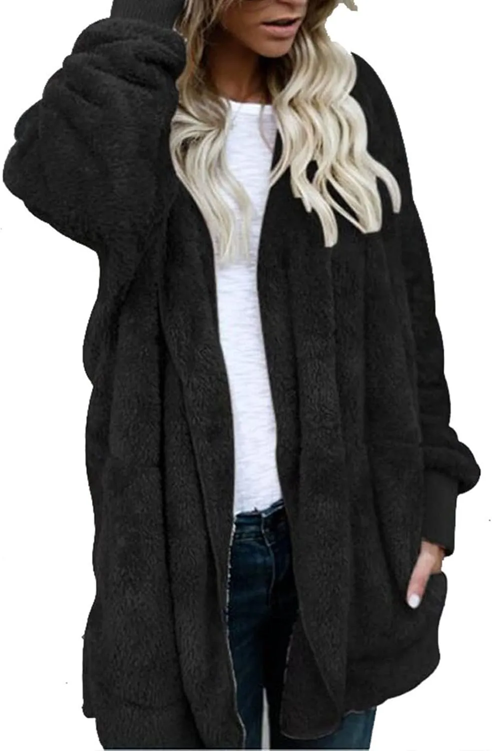 Sherpa Jacket Women Baggy Fuzzy Fleece Open Front Hooded Cardigans Jacket Fluffy Winter Coats Outerwear with Pockets