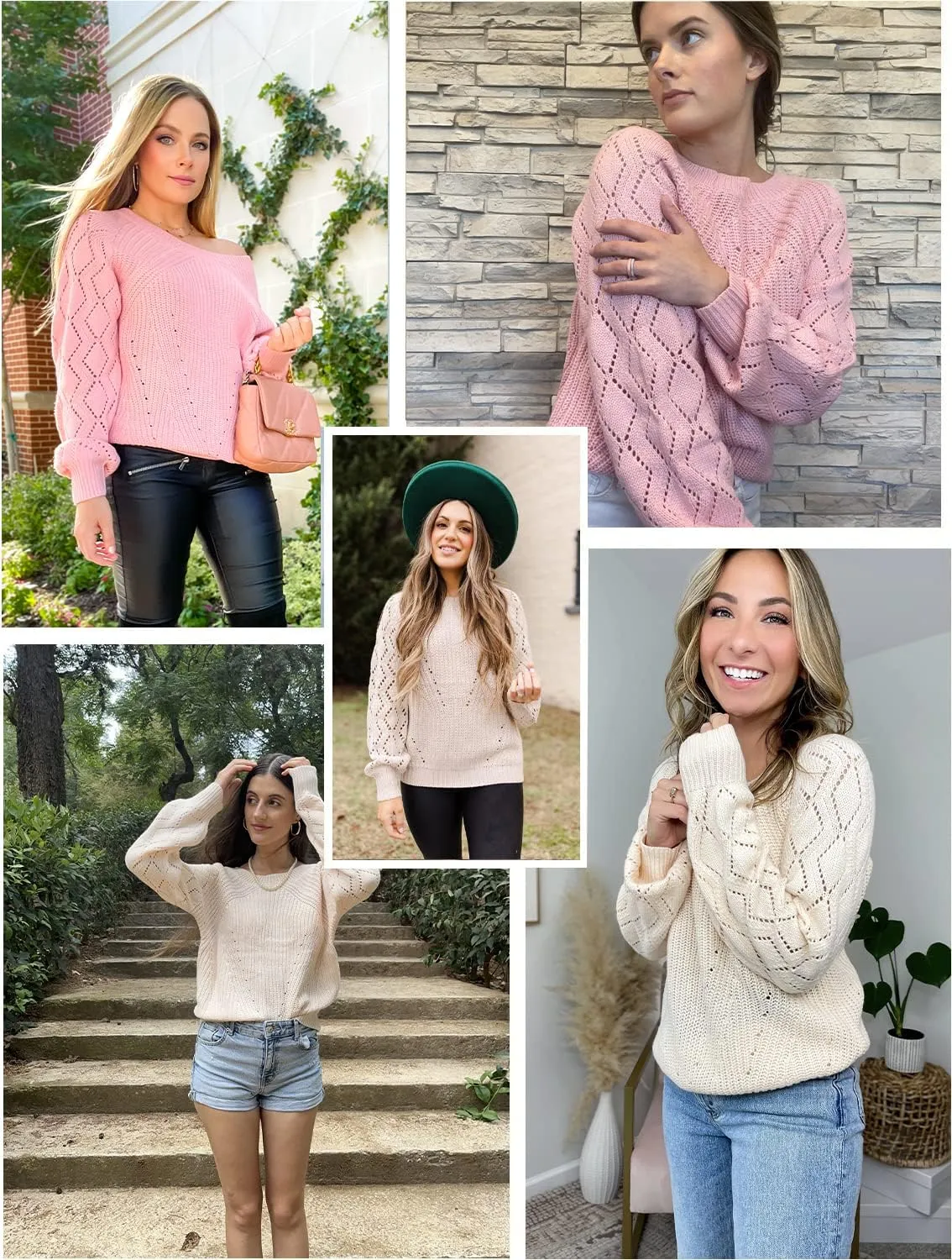 SHEWIN Women's Casual Long Sleeve Crewneck Crochet Sweater Lightweight Knit Pullover Sweaters Tops