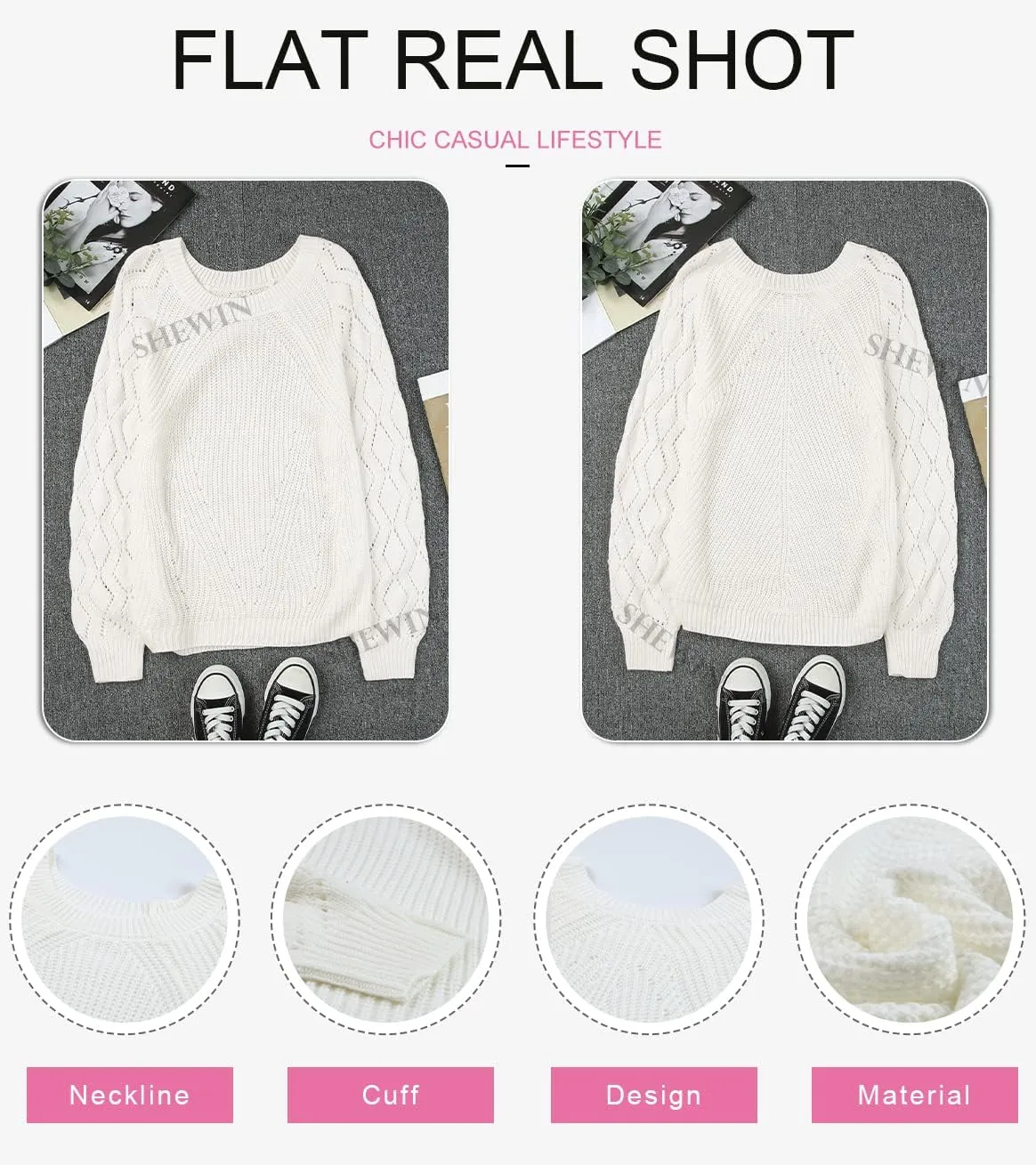 SHEWIN Women's Casual Long Sleeve Crewneck Crochet Sweater Lightweight Knit Pullover Sweaters Tops