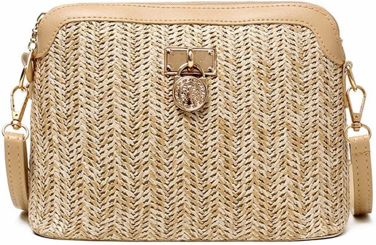 Shoulder Bag Stylish Casual Chains Straw Bucket Bag for Women Summer Rattan Beach Messenger Purse and Handbag(Beige)