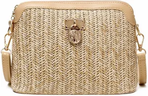 Shoulder Bag Stylish Casual Chains Straw Bucket Bag for Women Summer Rattan Beach Messenger Purse and Handbag(Beige)
