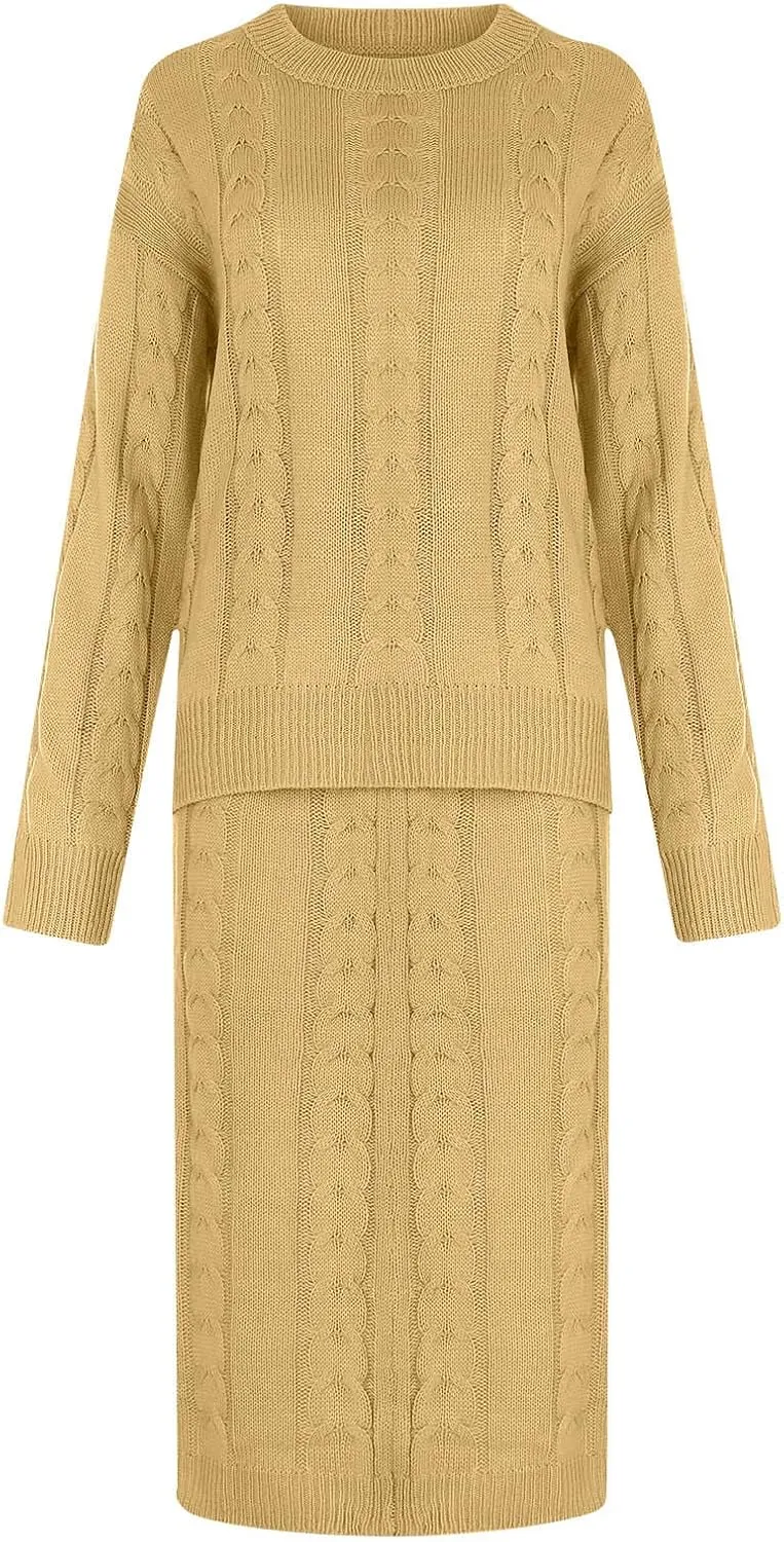 Skirt Sets Women 2 Piece Outfits Winter Chunky Cable Knit Long Sleeve Pullover Sweater and Bodycon Maxi Skirts Set