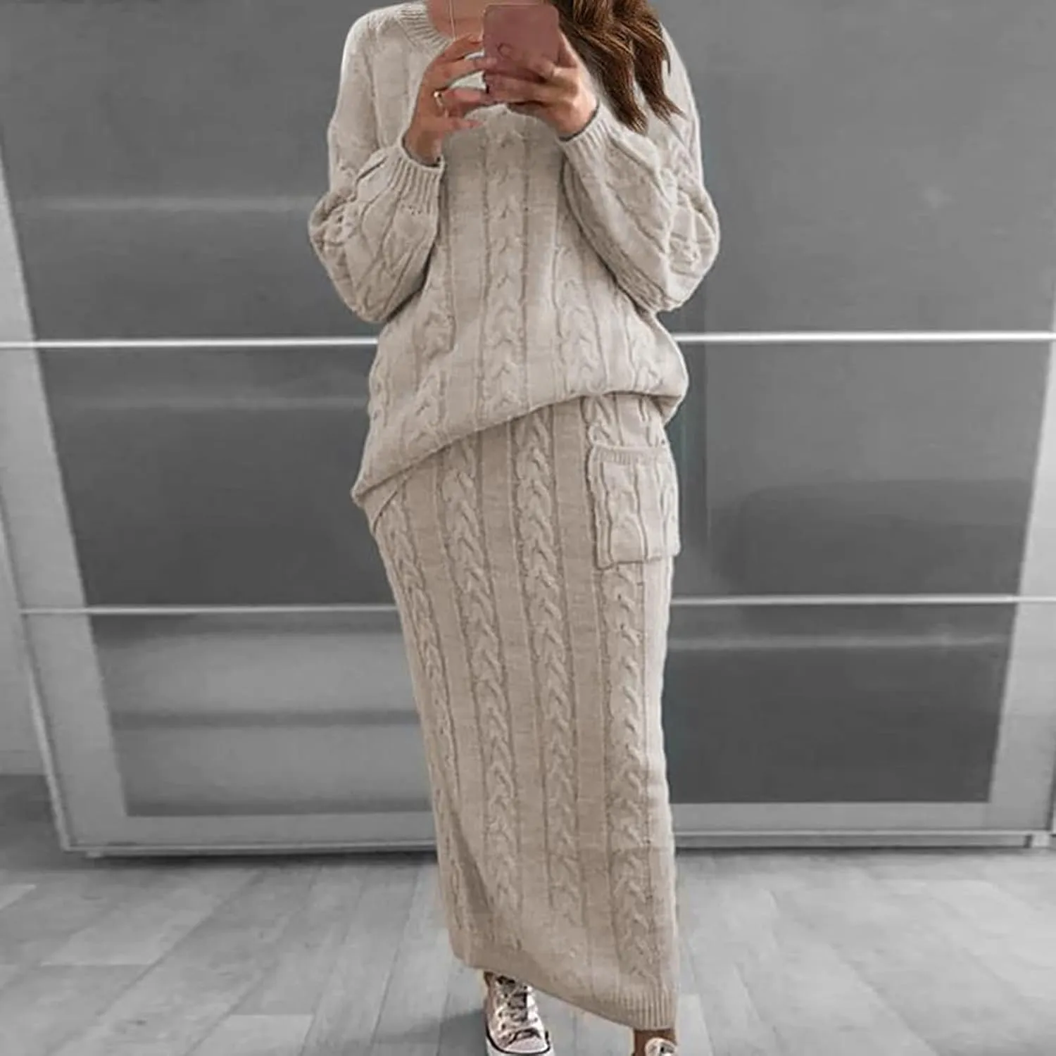 Skirt Sets Women 2 Piece Outfits Winter Chunky Cable Knit Long Sleeve Pullover Sweater and Bodycon Maxi Skirts Set