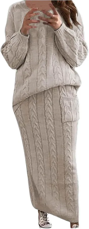 Skirt Sets Women 2 Piece Outfits Winter Chunky Cable Knit Long Sleeve Pullover Sweater and Bodycon Maxi Skirts Set